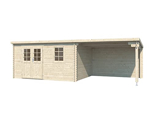 Woodtex Holz Gartenhaus Blockbohlenhaus CA2987 | Wandstärke 28 mm | Naturbelassen | Mit 3 m Anbau | BxTxH: 696 x 309 x 204 cm | Inkl. 1 Fenster | Doppeltür Mit Echtglas