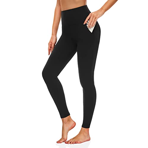 FuelMeFoot Leggings Damen High Waist Blickdicht Leggins mit Bauchkontrolle Slim Fit Angenehm Weiche Elastische Sportleggings 1 Pack-01-Schwarz mit Taschen L/XL