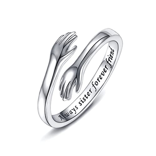 925 Sterling Silber Umarmungsringe für Frauen, I Love You Forever Love You Mutter Geschenk Schwester Geschenke Gravierte Worte Umarmung Hände Offener Ring (Always sister forever friend)