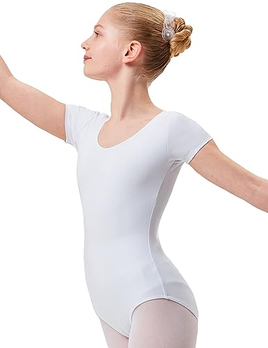 tanzmuster Ballettanzug Mädchen Kurzarm - Sally - aus weichem Baumwollstoff - Ballett Trikot Ballettbody in weiß, Größe 128/134