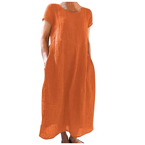 Mitellanges Kleid für Damen, Baumwolle und Leinen, Arbeitskleid, elegant, lässig, einfarbig, kurzärmlig, Baumwolle, Leinen, Hemd, Maxikleid, für Party, Urlaub, Strand, Sommer, Orange, Small