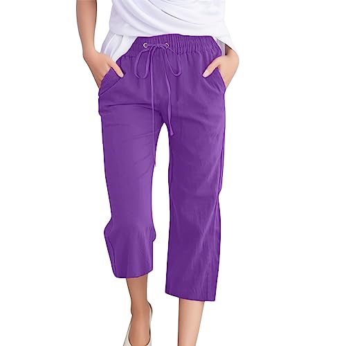 Damen Caprihose Sommer, Dünne Sommerhose Damen, 3/4 Hose Atmungsaktive Sporthosen Knielang Elastische Taille Freizeithose Leichte Lose Stoffhosen Solid Arbeitshose Hohe Taille