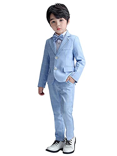 LOLANTA 3-teiliges Jungen Plaid Anzug Set, Eleganter Blazer für Hochzeits-Abschlussball, Formelle Kleidung Jacken-Hose-Fliege Set(Blau,5-6 Jahre,Etikettengröße 120)