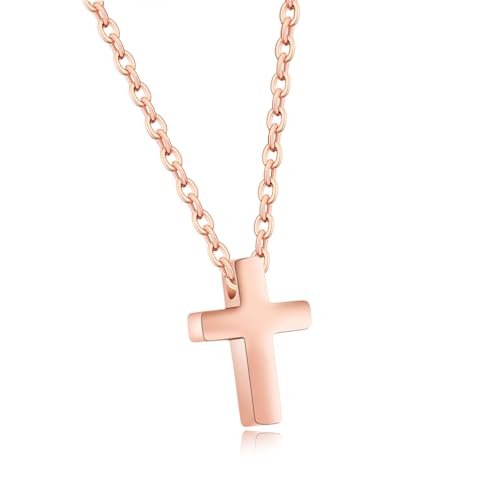 Kreuz Kette für Damen Mädchen, Kette mit Kreuz Anhänger Klein, Rosegold Kreuzkette aus Edelstahl Kreuz Halskette mit Geschenkbox Weihnachten Geschenke Kleinigkeiten für Frauen Kinder Mädchen