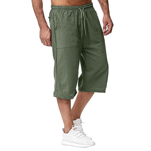 Caxndycing Leinen Shorts Herren Kurze 3/4 Leinenhose aus Baumwolle Herren-Shorts Kurze Hosen Herren Leinen-Shorts unterhalb des Knies elastische Taille Kordelzug Sommer Caprihose mit Taschen