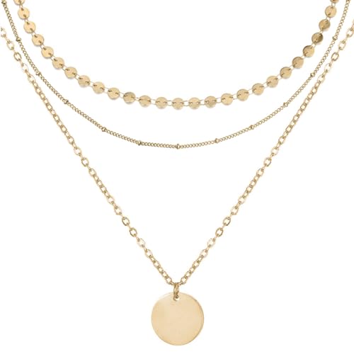 BONNYBIRD® Layering Ketten Set Gold - Boho Kette Damen Mehrreihige Kette Gold mit Anhänger Edelstahlkette Dreifach Kette Plattenkette Goldkette Damen