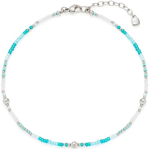 Leonardo Jewels Fußkettchen Ciao Happy, Fuss-Kette aus Edelstahl mit winzigen Aqua-Türkis-Glasperlen, silber, 24-28 cm Länge, Geschenk Damen, 023859