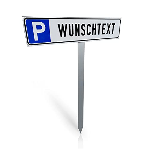 Betriebsausstattung24® Individuelles Parkplatzschild mit Einschlagpfosten - Parkplatzkennzeichnung mit Wunschtext - Pfosten zum Einstecken - Aluminium - 52x11 cm