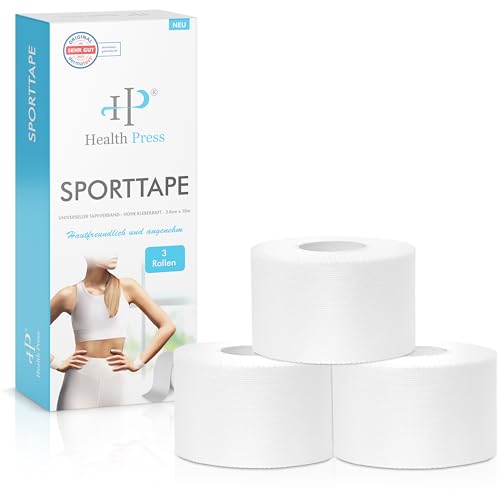 Health Press® Sporttape - 3 Tape Rollen (3,8cm x 10m) - Sporttape weiß - reißbares Profi Sport Tape - Sport Tapeverband für alle Sportarten