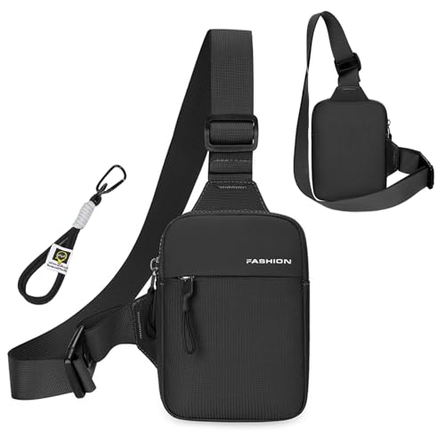 Herren Sling Crossbody Bag Stilvolle Umhängetasche, Wasserdichte Brusttasche und Schultertasche Sling Bag Herren | Klein, Leicht, für Outdoor-Aktivitäten, Reisen Schwarz mit Handy-Lanyard-Karabiner