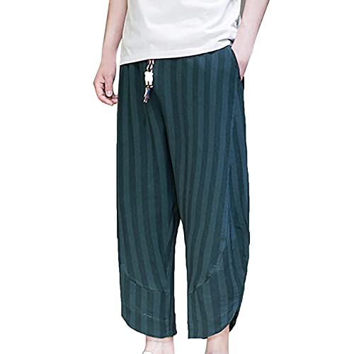 QWUVEDS Herren Slim Leinen Gerade Baumwolle Sieben-Punkt-Hosen Sommer Freizeithose Atmungsaktive Herrenhose Shorts Freizeit Herren (Green, M)