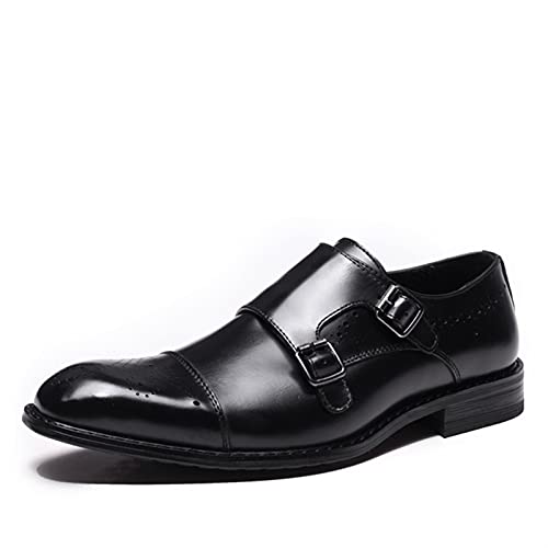 MatZie Oxford-Kleid for Herren, Slip-on-Stil, Doppel-Monk-Riemen, Brogue-Kappe, Zehenbereich, Leder, rutschfest, niedrige Oberseite, Blockabsatz (Color : Schwarz, Size : 44 EU)