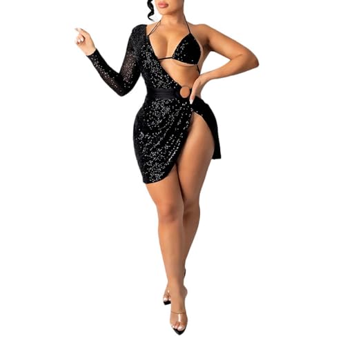 rtdgcv Damen-Clubkleid mit Pailletten, rückenfrei, mit integriertem BH, One-Shoulder-Langarm, zweiteiliges Set Ballett Kostüm (Black, XXL)