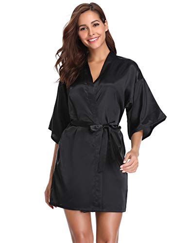 Vlazom Kimono Robe Damen Morgenmantel Kurzer Satin Bademantel Mit Gürtel V-Ausschnitt Kimono(L,Schwarz)