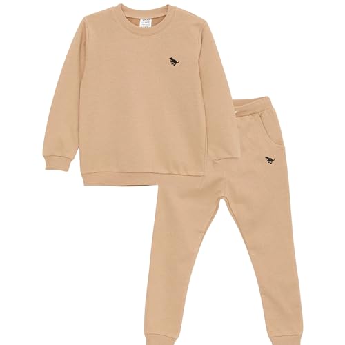 deiko Kinder Jungen Mädchen Unisex Kleidung%100 Baumwolle Outfit Kinder Kleidung Set | 2tlg langärmliges Oberteil und Hose mit Taschen (Dunkelbeige, 3-4 Jahre)