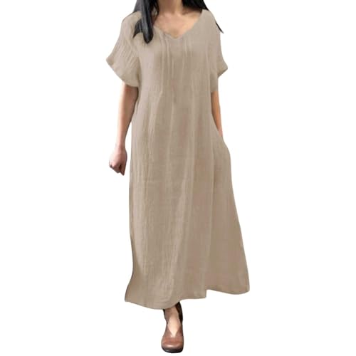 Henagehde Damenkleid, Baumwolle, Leinen, Sommer, Strandkleid, kurzärmelig, lässig, T-Shirt, Arbeitskleid, einfarbig, V-Ausschnitt, sexy, Retro, Bohème, Zeremonie-Kleid, Sommerkleid, Damen, mittellang,