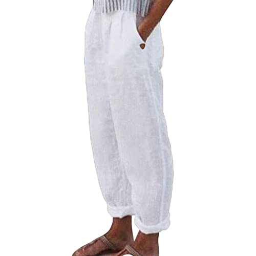 Leinenhose Damen Sommerhose Casual Leichte Stoffhose Bequeme Luftige Freizeithose Strandhose Mit Taschen High Waist Lose Bequeme Lang Sommer Hose