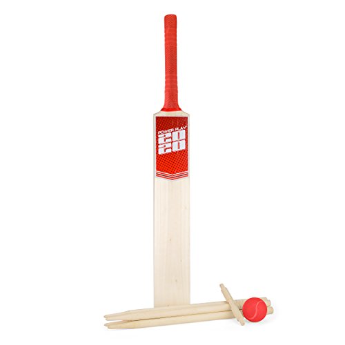 PowerPlay BG889 Deluxe Cricket Set with Cricket Bat, Ball, 4 Stumps, Bails and Bag, Size 5 Bat, red