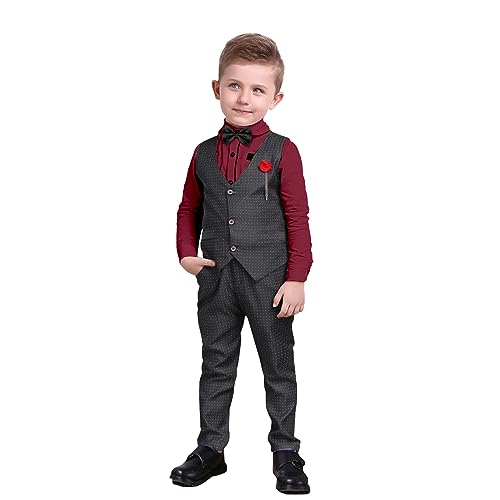 Nwada Jungen-Anzug-Set, Kinder-Blazer und Hosen-Outfit, formelle Anzüge für Kinder, Langarm-Hemden + Weste + Hose + Fliege, 4-teiliges Kinder-Smoking-Outfit für 6-7 Jahre