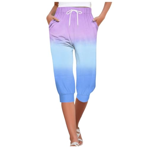 DondPO Caprihose Damen Sommer Mit Buntem Farbverlauf Drawstring Dreiviertel Haremshose Sporthose 3/4 Pumphose Stretch Leicht Und Luftig Yogahose Jogginghos Modisches Freizeithose Hellblau M