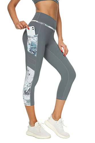 Buepeara Sport Leggings Damen Sporthose mit Taschen, High Waist Tights Laufhose Fitnesshose Für Sport & Alltag -Y2173 3/4 (Blau)/S