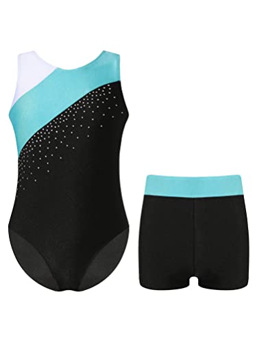 YOOJIA Kinder Mädchen Turnanzug Strass Leotard Ballett Trikot Ärmellos Tanzbody und Kurze Hose Ballettanzug Wettkampf Tanzkostüm C Blau Grün 146-152