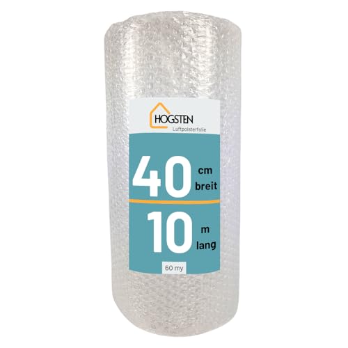 HOGSTEN Luftpolsterfolie Rolle Schutzpolsterfolie, Noppenfolie für Umzug, Verpackung und Versand -100% recycelbar Verpackungsmaterial Bubble Wrap (60μm) (0,4m x 10m)