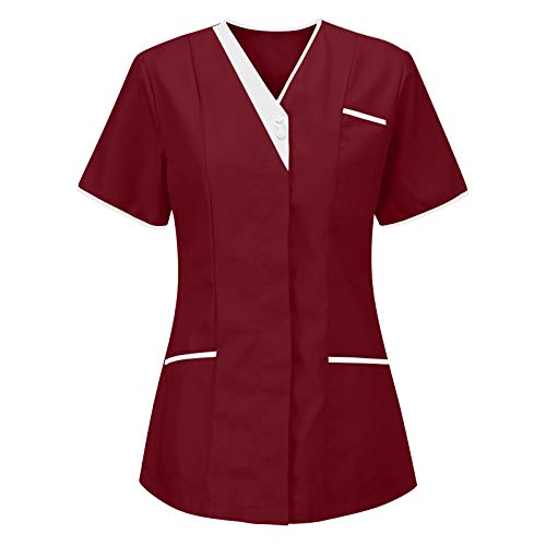 Kasacks Damen Pflege Günstig Einfarbig Kurzarm V-Ausschnitt T-Shirt Tops mit Taschen Schlupfhemd Arbeitsuniform Pflegebekleidung Kasack Krankenpfleger Uniform Pflegeheim Nurse Berufskleidung Tops