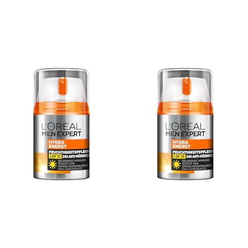 L'Oréal Men Expert Gesichtspflege mit LSF 15, Feuchtigkeitscreme mit Sonnenschutz, Mit Guarana und Vitamin C, Hydra Energy Feuchtigkeitspflege 24H Anti-Müdigkeit, 1 x 50 ml (Packung mit 2)