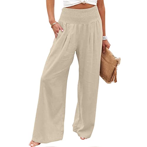 AACH Boho Hose Damen Sommer Weites Bein Leinenhose Elegant Hohe Taille Sommerhose Stoffhose Einfach Leichte Hosen Einfarbiges Casual Stoffhose Lässig Mode Freizeithose Luftig Leinen Trousers