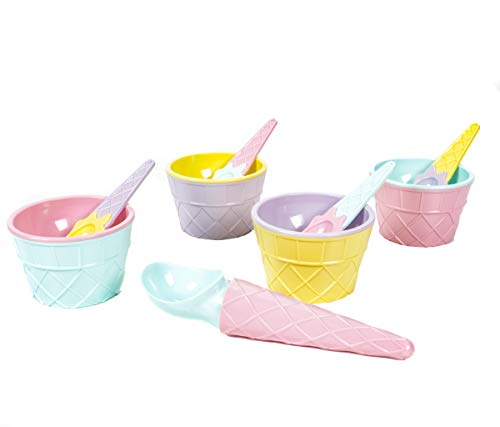 Bubble Store 9-teiliges Eiscreme-Set mit 4 Eisbechern, 4 Eislöffeln und Eisportionierer im Eisdielen-Retro-Design, Löffel+Portionierer in Eistütenform, Kunststoff, Pastell-Farben