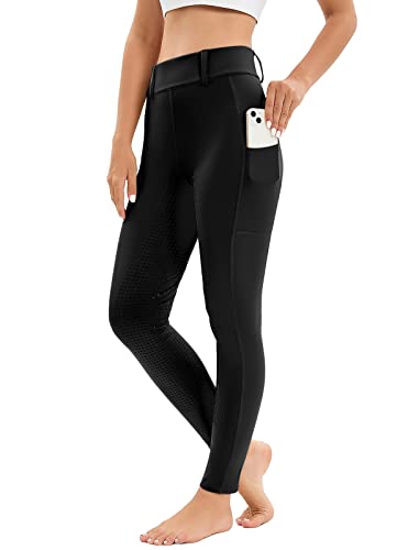 Reitleggings Damen Vollbesatz mit Handytasche, High Waist Reithose Damen Mädchen Stretch mit Gürtelschlaufen Schwarz M