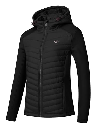 MoFiz Damen Fleecejacke Sweatjacke Hybridjacke Wanderjacke Atmungsaktiv Full Zip Jacke mit Reißverschlusstasche Schwarz S