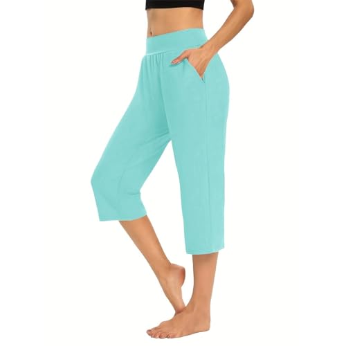 Jogginghose Damen 7/8 Länge Damen Cropped Pants Sommer Casual Pants mit Taschen Damen Casual Pants Unifarbene Einfache Lockere Dehnbare Taschen Athleisure-Hosen Jeggings Damen Stretch (Mint Green, XL)