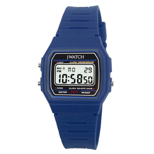 JWATCH Casual Sport Watch Vintage Collection Unisex Digital Armbanduhr 30M wasserdichte Sportuhr Stoppuhr Kalender leuchtende Digitaluhr mit Wecker in blau