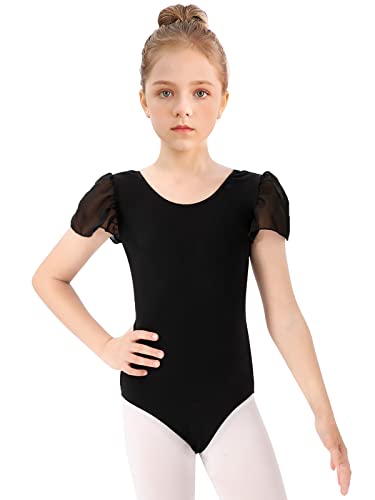 Bezioner Ballettkleidung Mädchen, Kinder Ballett Trikot Ballettanzug Puffärmel TanzBody for 3-12 Jahre Schwarz 130