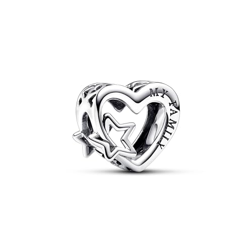 PANDORA Moments Offen gearbeitetes Familie Herz & Stern Charm aus Sterling Silber, Kompatibel Moments Armbändern, 792829C00