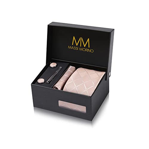 Massi Morino Krawatte Champagner Quadrat mit Einstecktuch Set Herren inkl. Manschettenknöpfe, Krawattennadel und Geschenkbox - Männer Krawattenset