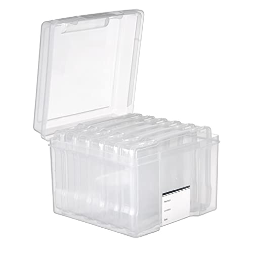 MATANA Foto-Aufbewahrungsbox Transparent (21,5 x 21,5 x 16,5cm) Foto Organizer mit 6 Fächern und Etiketten - Mehrzweck Fotobox für Postkarten & Bastelbedarf