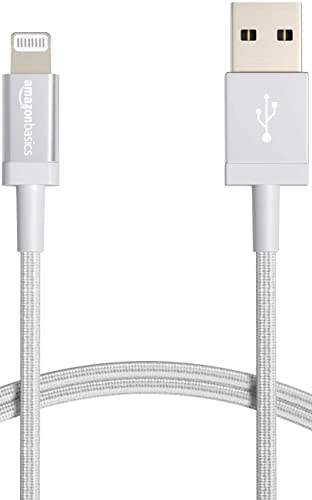 Amazon Basics – Verbindungskabel Lightning auf USB-A, Nylon-umflochten, MFi-zertifiziertes Ladekabel für iPhone, Silber, 1.8 m