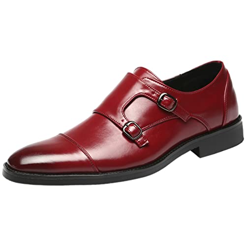 ANUFER Gentleman Schlau Zehenkappe Formell Doppelschnalle Mönch-Kleid-Schuhe Burgund SN070533 EU46