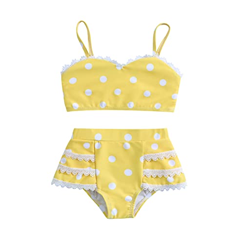 Luckywaqng Schwimmweste Baby 1 Jahr -Kleinkind-Mädchen-Spitze-Punkt-Druck-Rüschen-Zweiteilige Badebekleidungs-Badeanzug-Bikini Neugeborenen Badeanzug (Yellow, 2-3 Years)