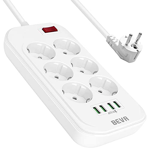 BEVA Steckdosenleiste, Mehrfachsteckdose mit USB Mehrfachstecker Steckerleiste mit Schalter, 2m Kabel für Haushaltsgerät, Smartphone, Mp3, PC, zu Hause und im Büro 2500W/10A für Tisch (6 Fach Weiß)