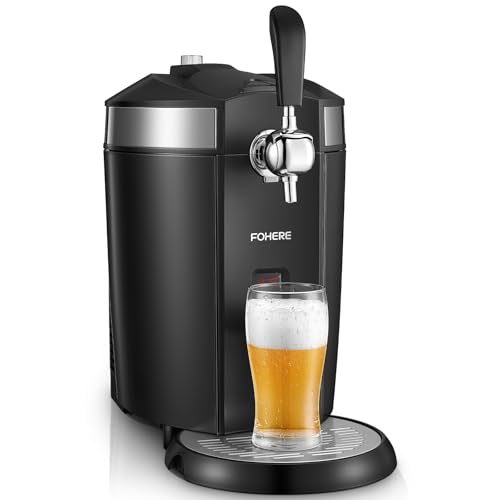 FOHERE Bier-zapfanlage mit Kühlung auf 2°C-12°C, Bierzapfanlage Kompatibel mit allen 5L Universal-Bierfässern mit od. ohne Druck, Bierkühler für Zuhause, LED-Display, Schwarz, 37dB, Edelstahl