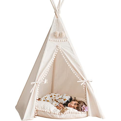 MINICAMP Kinder Tipi-Zelt - sehr strapazierfähiges, originales Tipi-Zelt aus naturbelassenem Canvas - Spielzelt mit Bommel-Verzierungen für Kinder