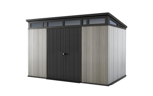 Keter Artisan 11x7 Gerätehaus – Wetterfestes Gartenhaus mit Boden, Pultdach, Doppeltüren & Fenster, Ideal für Outdoor-Aufbewahrung, 342x218x226cm, 13,7 m³, grau