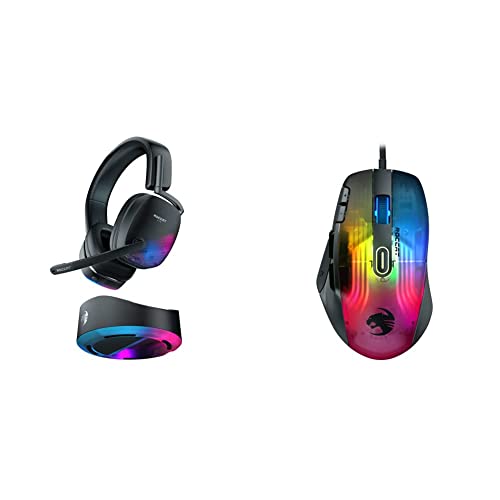 Roccat Syn Max Air - Kabelloses RGB PC Gaming Headset mit 3D Audio und Docking-Station, Adjustable, Black & Kone XP - Gaming-Maus mit 3D-Beleuchtung und optischem Sensor mit 19.000DPI, schwarz