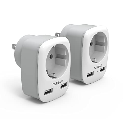 TESSAN 2 Pack Reiseadapter USA Adapter Amerika Deutschland Stecker mit 2 USB 2.4A, Steckdosenadapter Reisestecker Stromadapter für Kanada Thailand Mexiko Wand Ladegerät Ladestation, Adapter USA