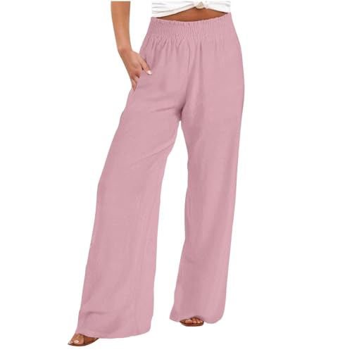 Angebote Des Tages Heute Blitzangebote 7/8 Hosen Damen Sommer Damen Jeans Stretch Beige Hose Damen Baumwoll Leinen Stoffhose Elastische Taille Leicht Stretch Palazzo Hose Cargohosen (Rosa, S)