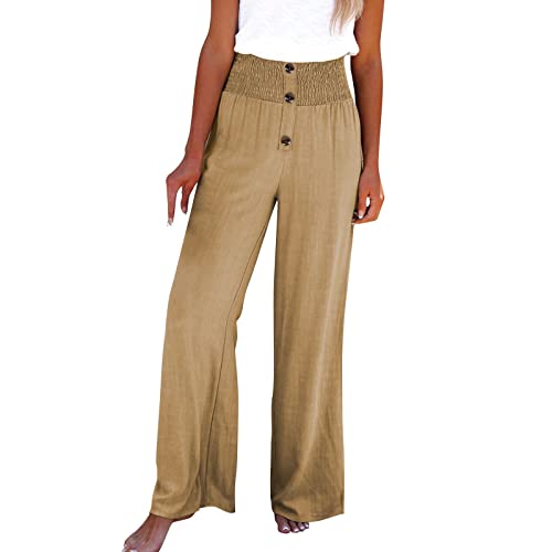 Business Hose Damen Watashi Damen Hose mit weitem Bein hoher Taille Palazzo Elastic Flowy Loose Culotte Hose Stretch Hose Damen Elegant Glänzend Sommerhosen für Tägliche Tragen (Khaki, M)